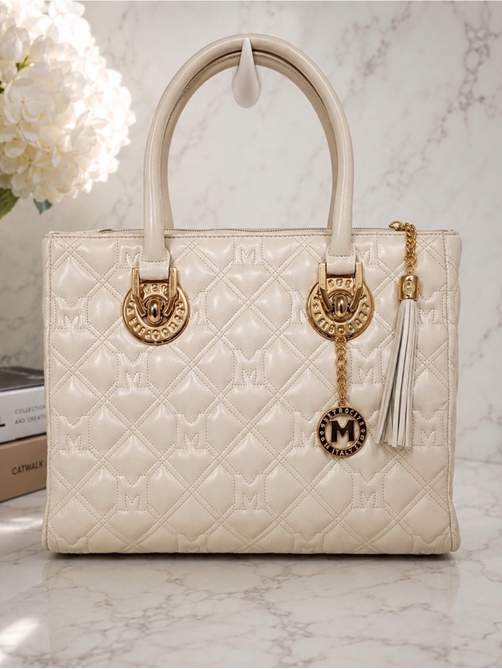 Metrocity Quilted Cream Leather Quilted Satchel with Gold Hardware Tassel Feet